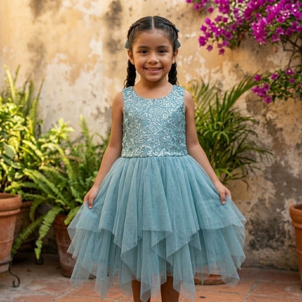 Zenzi Girls' Sleeveless Sequin Embroidered Dress - Ocean Green small 6/7 flare